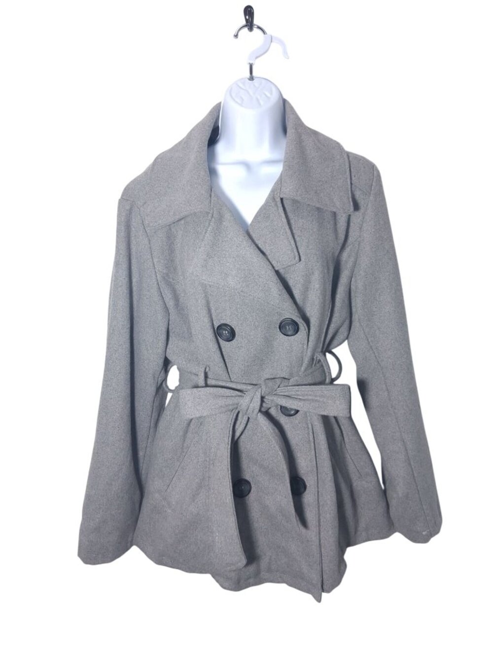 Me Jane Womens Gray Double-Breasted Belted Peacoat 1X With Wide Lapels And Pocke